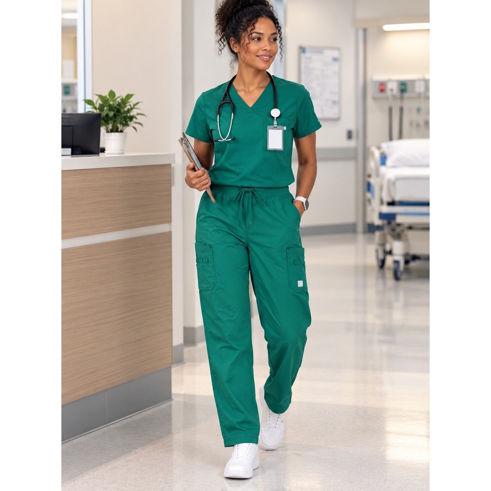 Butter-Soft Stretch Scrub Pants Women Medium Petite Green Cotton Jogger Cargo
